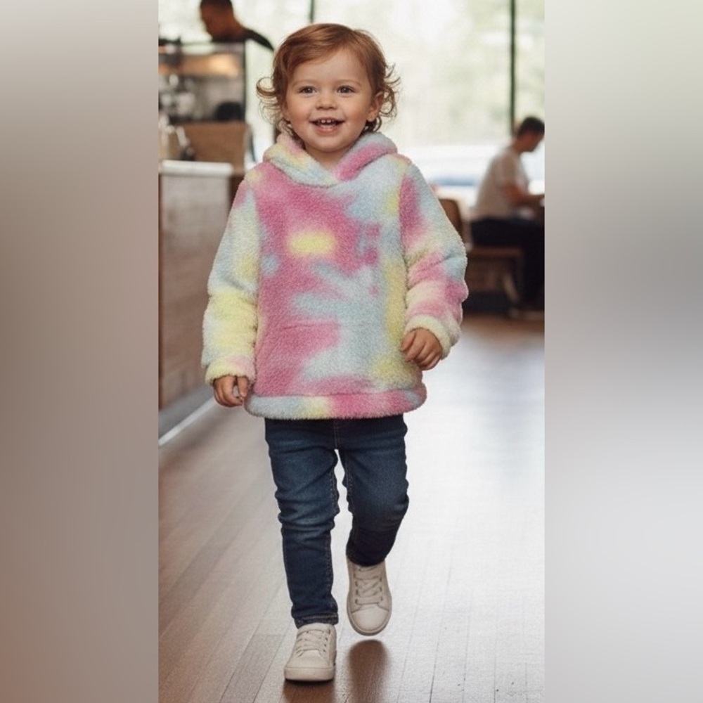 Tie dye, pink, yellow, white colored, fluffy hoodie, brand, new, no tags, 3T
